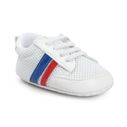 Infant Soft Moccasin Shoes Non Slip Newborn First Walkers - white mesh baby moccasins with blue and red stripes, cushioned flexible non-slip sole