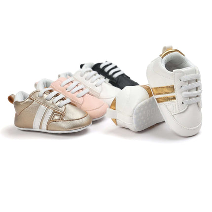 Infant Soft Moccasin Shoes Non Slip Newborn First Walkers - lightweight soft PU moccasins in white, gold, pink and black for first steps, non-slip textured sole