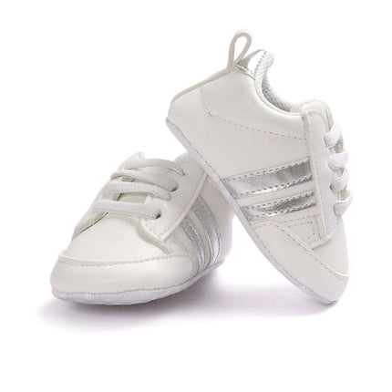 Infant Soft Moccasin Shoes Non Slip Newborn First Walkers - white soft PU moccasins with cushioned interior and flexible non-slip textured sole