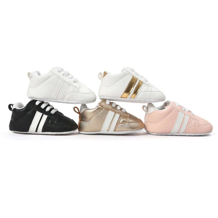 Infant Soft Moccasin Shoes Non Slip Newborn First Walkers - set of five soft PU moccasins in white, gold, black, rose, and metallic for first steps