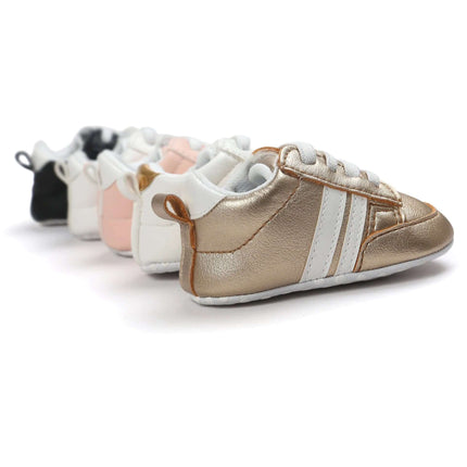 Infant Soft Moccasin Shoes Non Slip Newborn First Walkers – metallic gold soft PU moccasins with cushioned interior and textured flexible sole