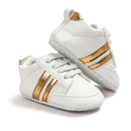 Infant Soft Moccasin Shoes Non Slip Newborn First Walkers - white baby moccasins with gold stripes, soft PU upper and textured non-slip flexible sole