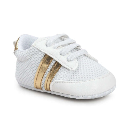 Infant Soft Moccasin Shoes Non Slip Newborn First Walkers - white mesh baby first walker with gold stripe, flexible non-slip sole for standing and photos