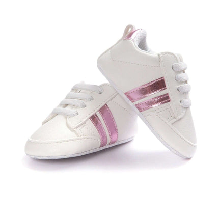 Infant Soft Moccasin Shoes Non Slip Newborn First Walkers - white baby moccasins with pink metallic stripes, flexible non-slip sole for first steps