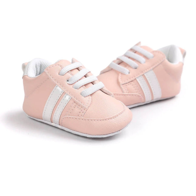 Infant Soft Moccasin Shoes Non Slip Newborn First Walkers - pink soft PU moccasins with cushioned interior and textured flexible non-slip sole for first steps
