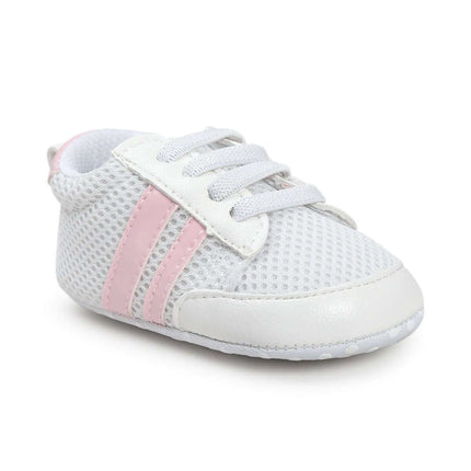 Infant Soft Moccasin Shoes Non Slip Newborn First Walkers white mesh baby shoe with pink stripes, flexible textured sole for first steps