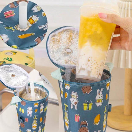 Milk Tea Tote Bag For On The Go Drinks Lemon Design Insulated - insulated oxford cloth cup carrier with lemon and bunny print, holds takeaway milk tea