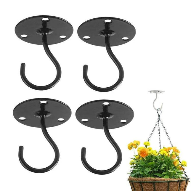 Iron Ceiling Hooks 4 Pack For Hanging Flower Baskets - black iron ceiling hooks set with round mounting plates shown holding a hanging flower basket