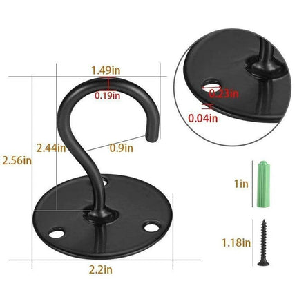 Iron Ceiling Hooks 4 Pack For Hanging Flower Baskets - black solid iron ceiling hook with mounting plate and hardware, dimensions shown