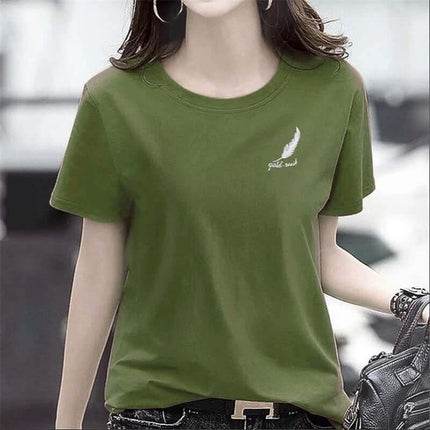 Japanese Style Short Sleeve Printed T Shirt For Summer Students - olive green short-length round-neck tee with small Japanese-inspired print, casual student outfit