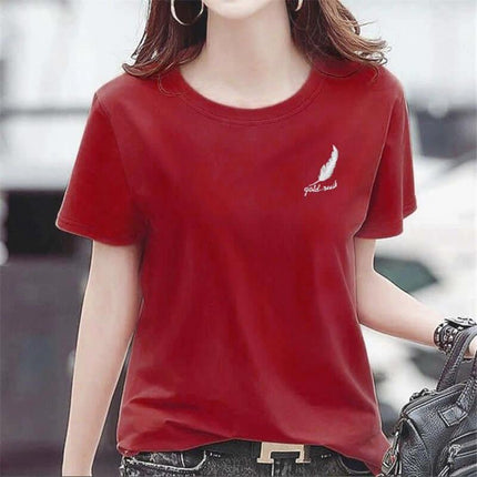 Japanese Style Short Sleeve Printed T Shirt For Summer Students - red Japanese-inspired short tee with feather print, casual student summer outfit
