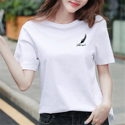 Japanese Style Short Sleeve Printed T Shirt For Summer Students white short-length round-neck tee with small Japanese-inspired feather print, casual student outfit