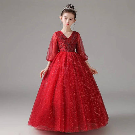 Khaki Piano Costume For Girls Dress Up And Play Daily - red princess dress with glitter tulle, V-neck and puff sleeves for parties and play