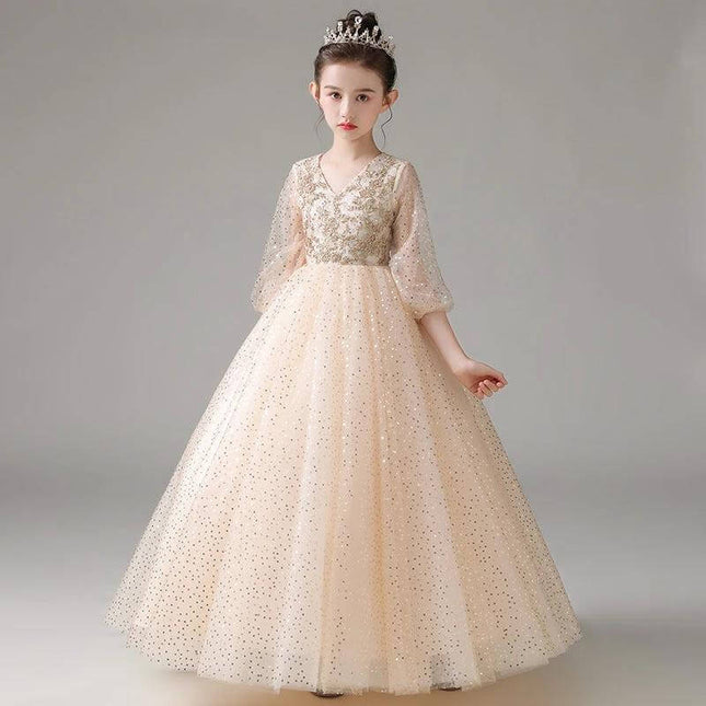 Khaki Piano Costume For Girls Dress Up And Play Daily - linen pleated princess dress with enzyme-washed soft finish, tulle skirt and tiara for pretend play