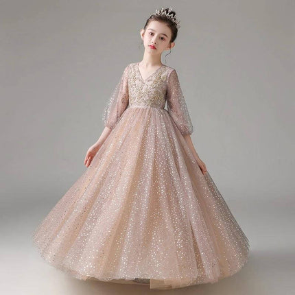 Khaki Piano Costume For Girls Dress Up And Play Daily - linen pleated princess dress with sparkly tulle and 3/4 sleeves for parties and pretend play
