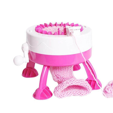 Kids' 40 Needles Knitting Machine Toy For Simple, Creative Crafting - pink kids knitting machine with crank making a small knitted hat and scarf