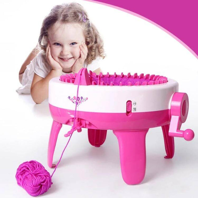 Kids' 40 Needles Knitting Machine Toy For Simple, Creative Crafting - pink kids knitting machine with girl making hat and ball of yarn