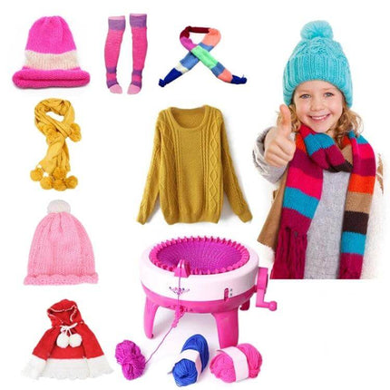 Kids' 40 Needles Knitting Machine Toy For Simple, Creative Crafting - pink tabletop knitting loom with yarn, hats, scarf and child giving thumbs up