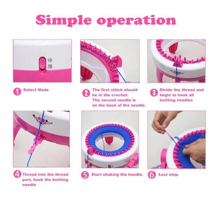 Kids' 40 Needles Knitting Machine Toy For Simple, Creative Crafting — instructional collage showing simple operation steps for hats and scarves