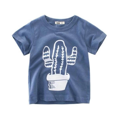 Kids Cotton T-Shirt, Short Sleeve, Comfortable Everyday Wear - blue kids tee with white cactus print, breathable soft cotton blend for playtime