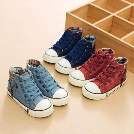 Kids Canvas Casual Sneakers For Boys And Girls Everyday Wear - unisex canvas high-top kids shoes in blue, navy, red for play and school