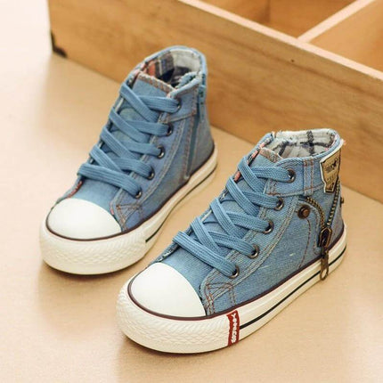 Kids Canvas Casual Sneakers For Boys And Girls Everyday Wear - blue canvas high-top kids sneakers with rubber sole for playground, school, washable