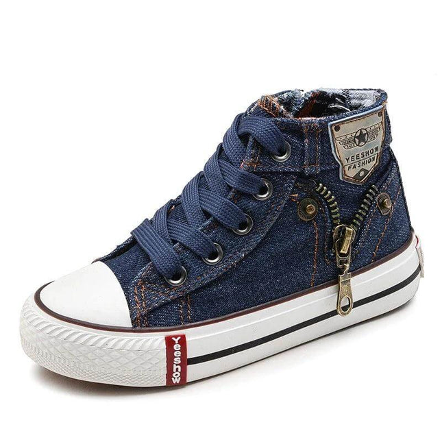 Kids Canvas Casual Sneakers For Boys And Girls Everyday Wear - navy denim high-top children's sneaker with zipper, laces, rubber sole for playground and school