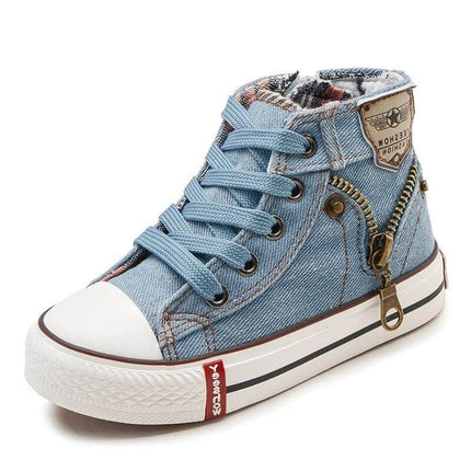 Kids Canvas Casual Sneakers For Boys And Girls Everyday Wear - light blue high-top canvas kids sneaker with zipper detail, rubber sole, breathable cotton lining