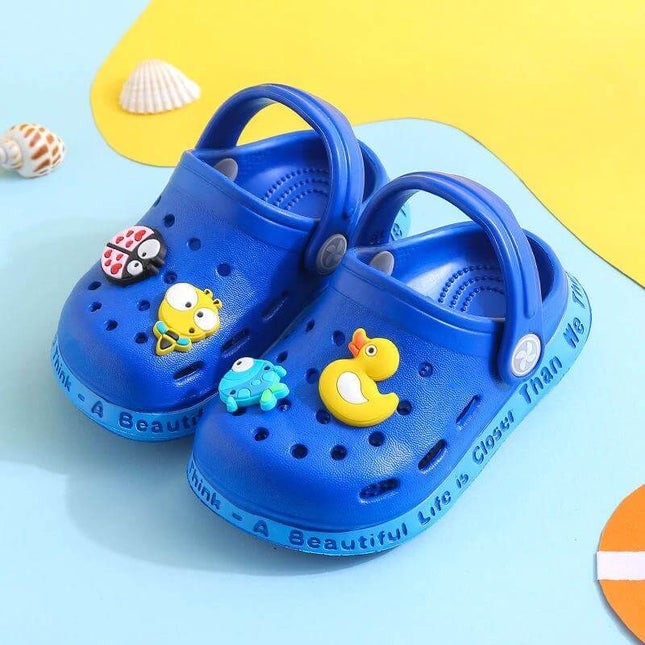 Kids Cartoon Animal Slippers For Toddlers Assorted Colors - blue PVC slip-on toddler clogs with 3D animal charms, porous sole for drainage and flexible support