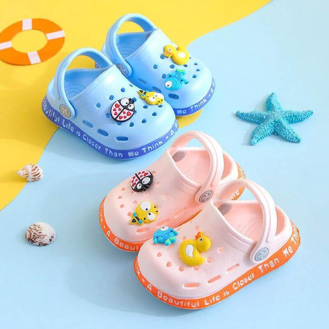 Kids Cartoon Animal Slippers For Toddlers Assorted Colors - blue and pink PVC slip-on 3D animal print toddler clogs with porous sole
