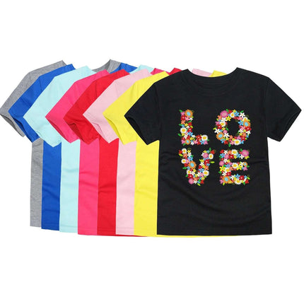 Kids Cartoon Cotton Round Neck T Shirt For Everyday Play - colorful kids tees with floral LOVE print, short sleeves, soft 100% knitted cotton for active play