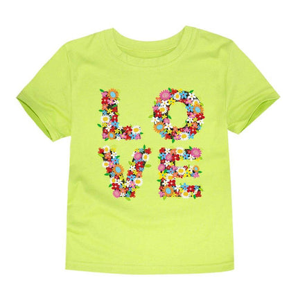 Kids Cartoon Cotton Round Neck T Shirt For Everyday Play - lime green kids tee with colorful floral LOVE graphic, short sleeves, 100% knitted cotton
