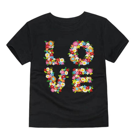 Kids Cartoon Cotton Round Neck T Shirt For Everyday Play - black kids tee with colorful floral "LOVE" graphic, short sleeves, cotton knit, casual playwear