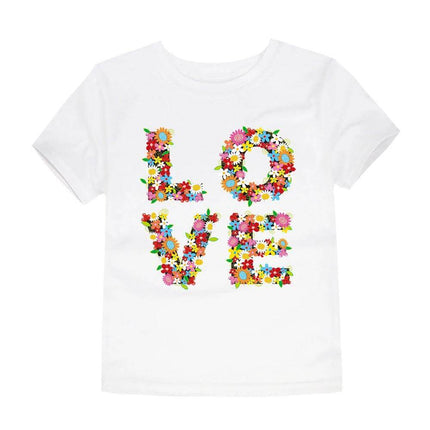 Kids Cartoon Cotton Round Neck T Shirt For Everyday Play - white kids tee with colorful floral LOVE graphic, round neck, short sleeves, 100% knitted cotton