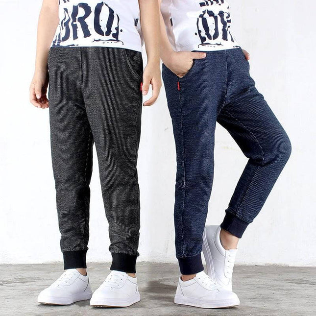 Kids Cotton Knitted Trousers 120-160 cm For Everyday Casual Wear - kids wearing black and navy cotton knit jogger trousers with sneakers