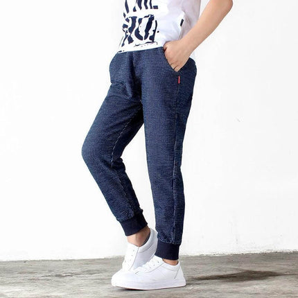 Kids Cotton Knitted Trousers 120-160 cm For Everyday Casual Wear - navy blue striped cotton knit trousers for kids, elastic cuffs and pockets