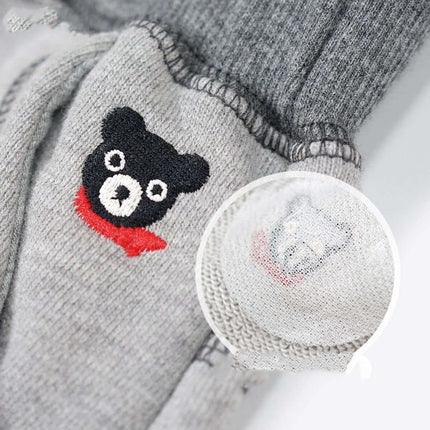 Kids Cotton Trousers Leggings Flower Gray for Everyday Wear - close-up of gray cotton leggings with bear embroidery and red scarf detail