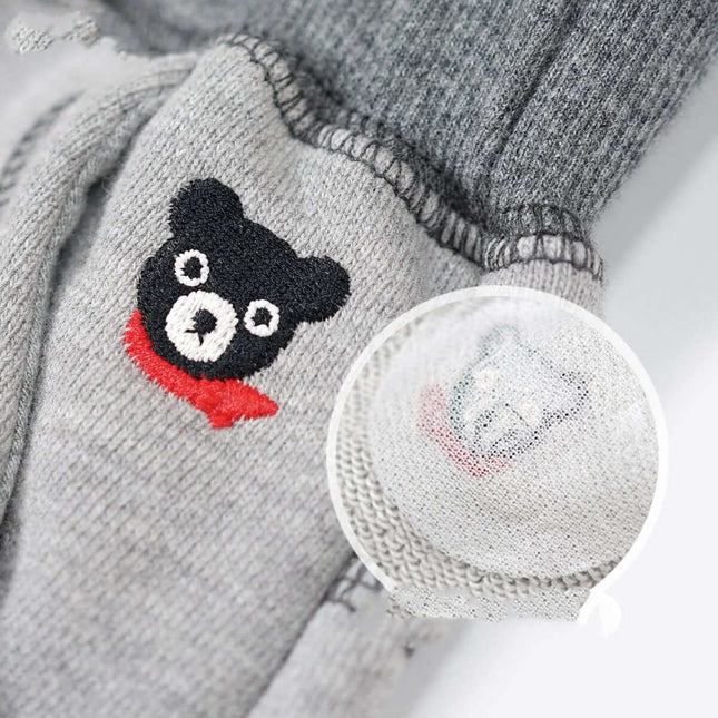 Kids Cotton Trousers Leggings Flower Gray for Everyday Wear - close-up of gray cotton leggings with bear embroidery and red scarf detail