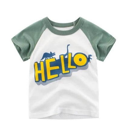 Kids Cotton T-Shirt, Short Sleeve, Comfortable Everyday Wear - white tee with green raglan sleeves and yellow "HELLO" dinosaur print