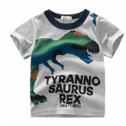 Kids Cotton T-Shirt, Short Sleeve, Comfortable Everyday Wear - gray toddler tee with camo T-Rex graphic and navy trim