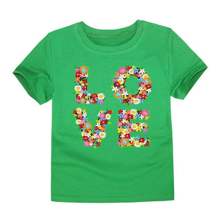 Kids Cartoon Cotton Round Neck T Shirt For Everyday Play green kids tee with floral LOVE graphic, round neck, short sleeves, 100% cotton, casual play tee