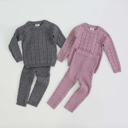 Kids Grey Casual Sweater For Autumn And Winter Wear displayed as a grey cable-knit slim-fit polyester sweater set for kids, ideal for layering and school wear