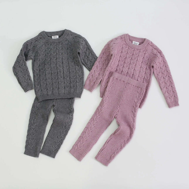 Kids Grey Casual Sweater For Autumn And Winter Wear displayed as a grey cable-knit slim-fit polyester sweater set for kids, ideal for layering and school wear