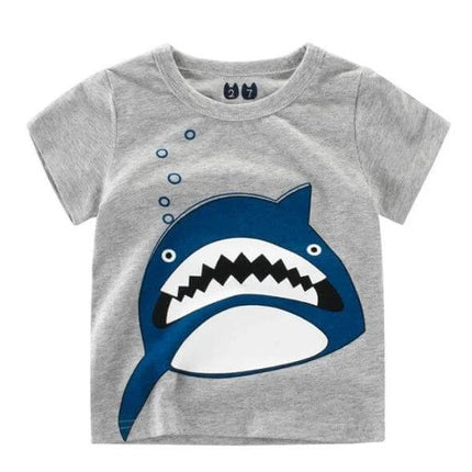 Kids Cotton T-Shirt, Short Sleeve, Comfortable Everyday Wear gray kids tee with blue shark graphic, breathable soft cotton blend for playtime and school