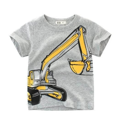 Kids Cotton T-Shirt, Short Sleeve, Comfortable Everyday Wear - gray kids tee with yellow excavator graphic, soft breathable cotton blend
