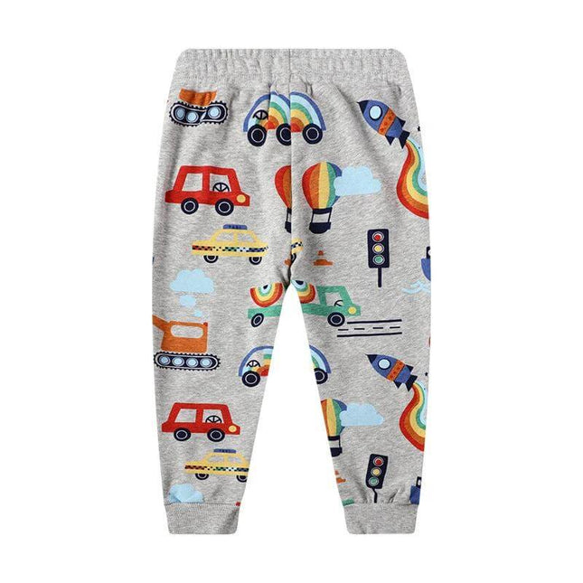 Children's Knitted Trousers With Cartoon Pattern For Everyday Wear 2T to 7T - grey cotton pants with colorful car, rocket and hot air balloon prints