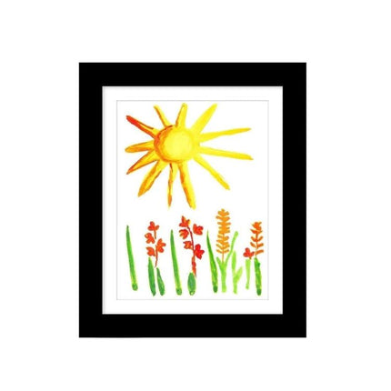 Kids Magnetic Front-Opening Art Frame For Photos And Drawings displaying child’s sun and flowers watercolor artwork in black wooden frame
