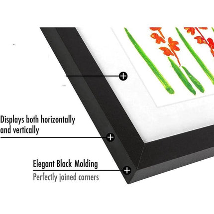 Kids Magnetic Front-Opening Art Frame For Photos And Drawings – black magnetic front frame with elegant molding, displays horizontally or vertically, shallow storage