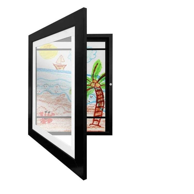 Kids Magnetic Front-Opening Art Frame For Photos And Drawings showing black front-opening frame with children's beach drawings and shallow storage