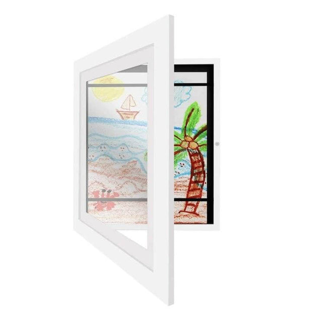 Kids Magnetic Front-Opening Art Frame For Photos And Drawings showing white magnetic front-open frame with kids beach drawings inside